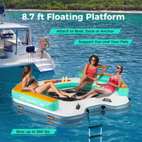 Goplus Inflatable Floating Dock, 8.7FT x 8.7FT Inflatable Dock Platform w/Detachable Ladder, Mesh Swim Lounge, Carry Bag, Water Mat Floating Platform Island Raft for Lake, Beach, Pool