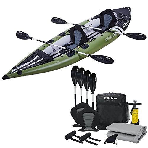 Elkton Outdoors Steelhead Inflatable Fishing Kayak - Two-Person Angler Blow Up Kayak, Includes Paddles, Seats, Hard Mounting Points, Bungee Storage, Rigid Dropstitch Floor and Spray Guard