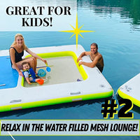 Patented 3-in-1 Inflatable Water Deck, Portable Swim Platform with Removable Floating Island Raft, Mesh Lounge Dock, Blue, Yellow, & White, ‎8 Feet by 8 Feet, by Blue Water Toys