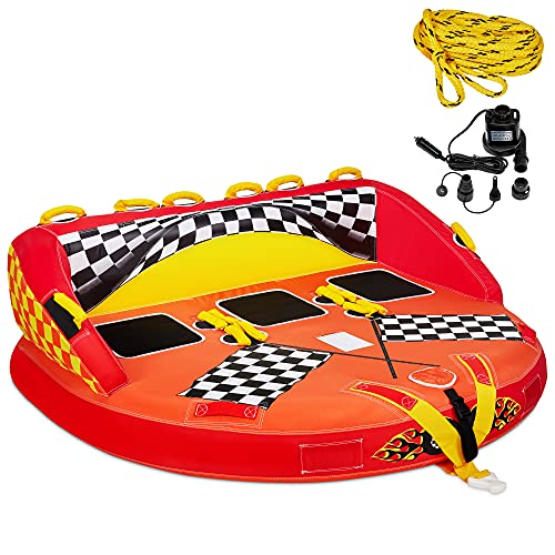 Towable Water Tube | 3-Person Inflatable Floating Raft for Boating with Cushion Seats, Grip Handles, Dual Tow Points & Speed Safety Valve for Fast Inflation | 12V Air Pump & Tow Rope Included