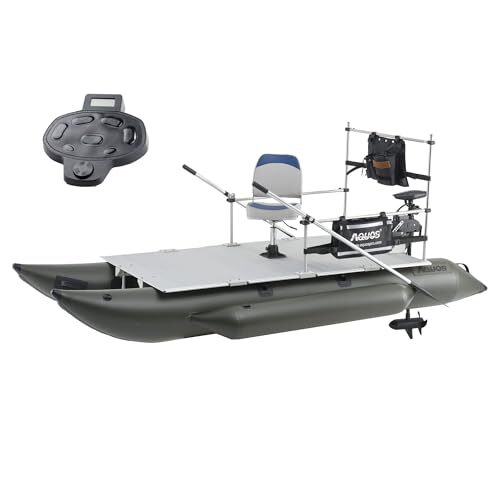 AQUOS Heavy-Duty for Two 11.5ft Inflatable Pontoon Boat with Stainless Steel Guard and Folding Seat and Haswing 2.4G Remote/Foot Control 12V 55LBS 39″ Transom Trolling Motor for Fishing