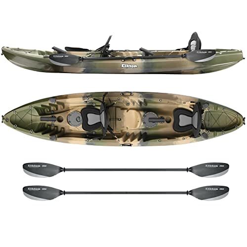 Elkton Outdoors Hard Shell Recreational Tandem Kayak, 2 or 3 Person Sit On Top Fishing Kayak Package with 2 EVA Padded Seats, Includes 2 Aluminum Paddles and Fishing Kayak Rod Holders (Camo)