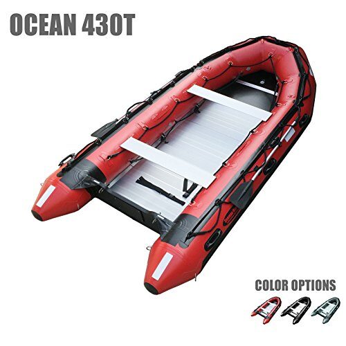 Seamax Ocean430T Commercial Grade Inflatable Boat, 14ft. x 6.4ft, 5 Pontoon Chambers, Aluminum Floor, V Bottom, Max Support 35HP Motor, Coast Guard Standard Reflective Tapes, Multi-Purpose (Red)